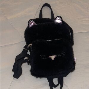 Black Furry Cat Backpack with metallic pink Accents